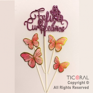 CAKE TOPPER CON 4 MARIPOSAS FUCSIA Y FELIZ CUMPLEA�OS CURSIVA FUCSIA METALIZADO